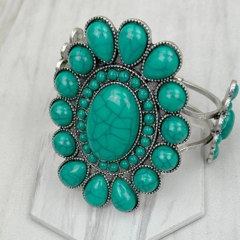 Silver & Green Turquoise Stone Concho Cuff Bracelet